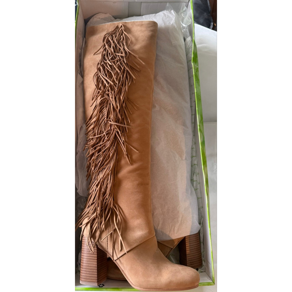 NWT Women’s Sam Edelman Tall Leather Fringe Boots Camel size 6.5 Taylan - Picture 3 of 15